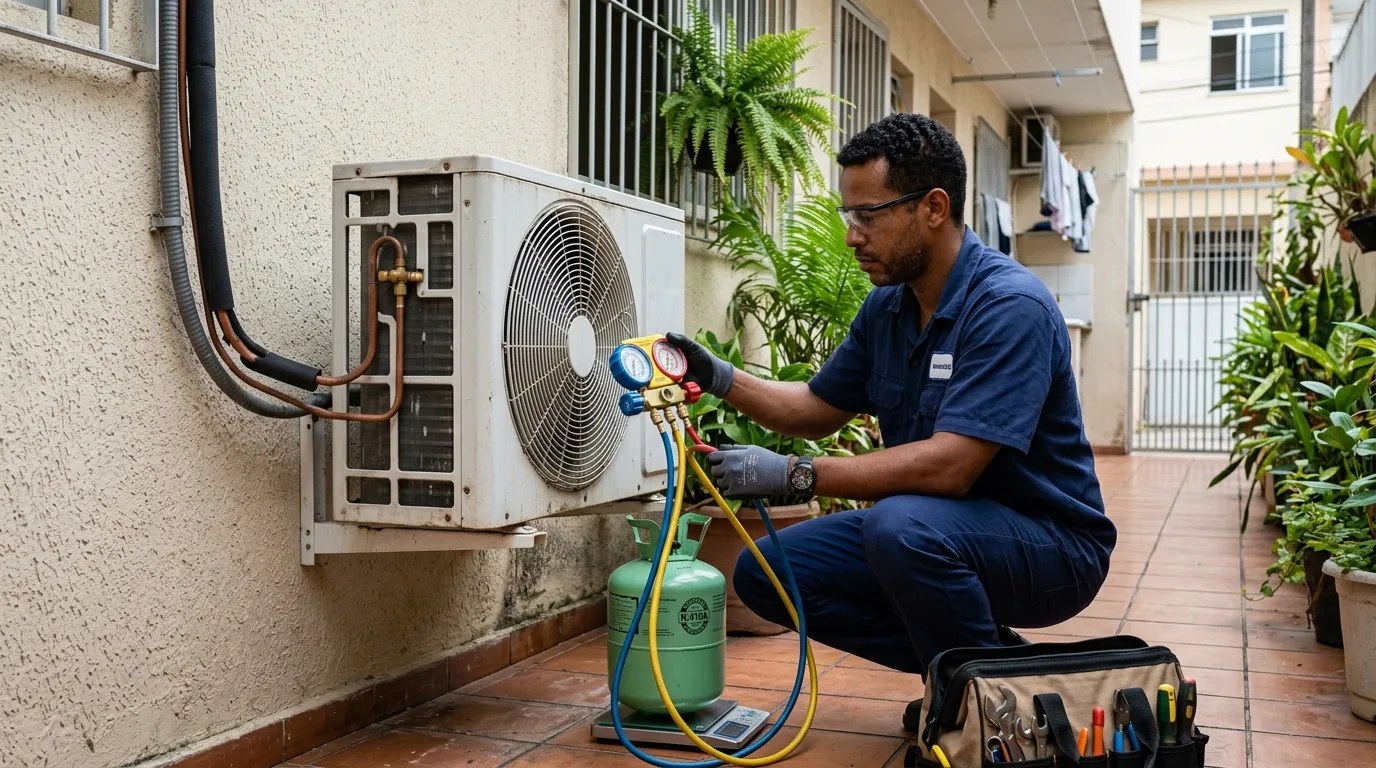 Técnico fazendo carga de gás na condensadora do ar-condicionado em Campinas‑SP