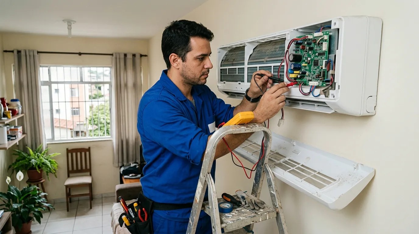 Técnico trocando a placa eletrônica de ar-condicionado split em Campinas‑SP