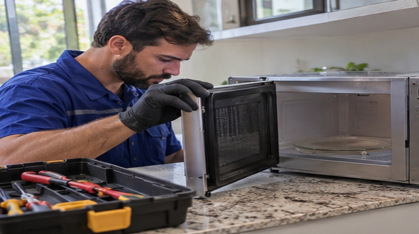 Conserto de micro-ondas em Campinas‑SP: técnico abrindo um micro-ondas de bancada