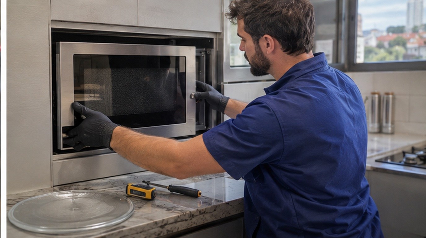Conserto de micro-ondas de embutir em Campinas‑SP: técnico encaixando o aparelho no armário