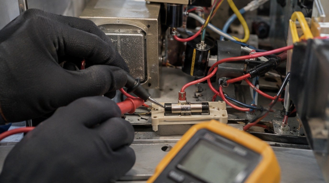 Conserto de micro-ondas em Campinas‑SP: teste do fusível e do diodo de alta tensão