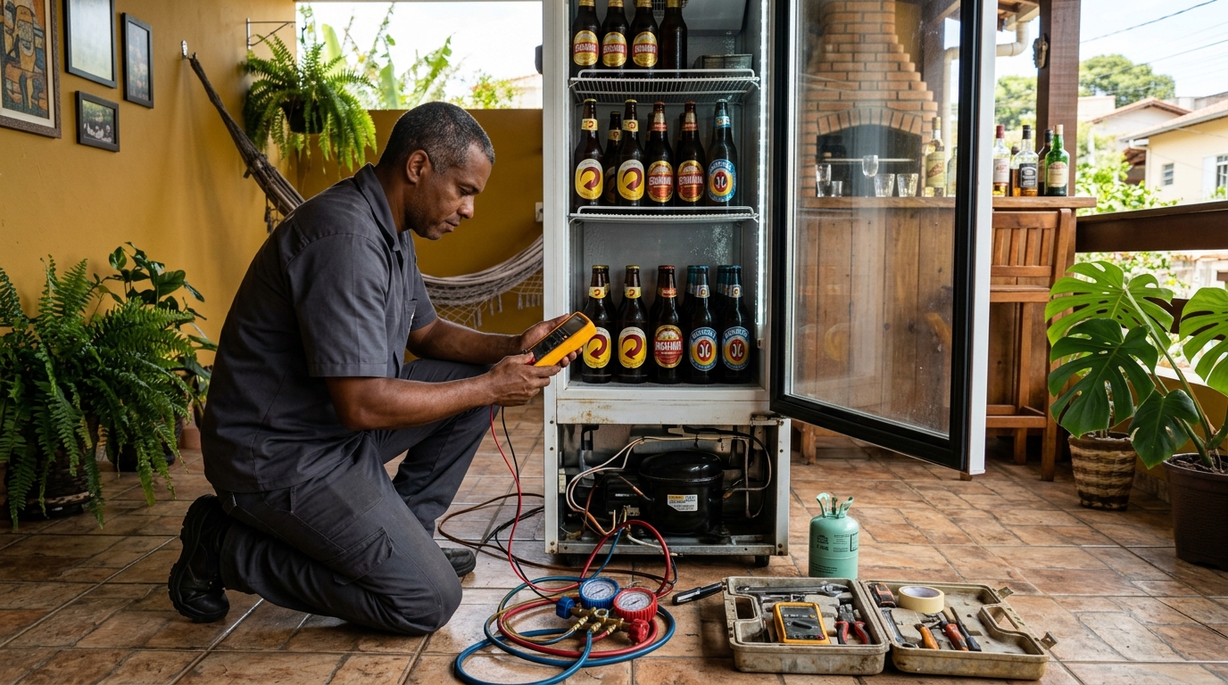 Placa eletrônica de cervejeira em reparo na bancada no Bosque, Campinas‑SP