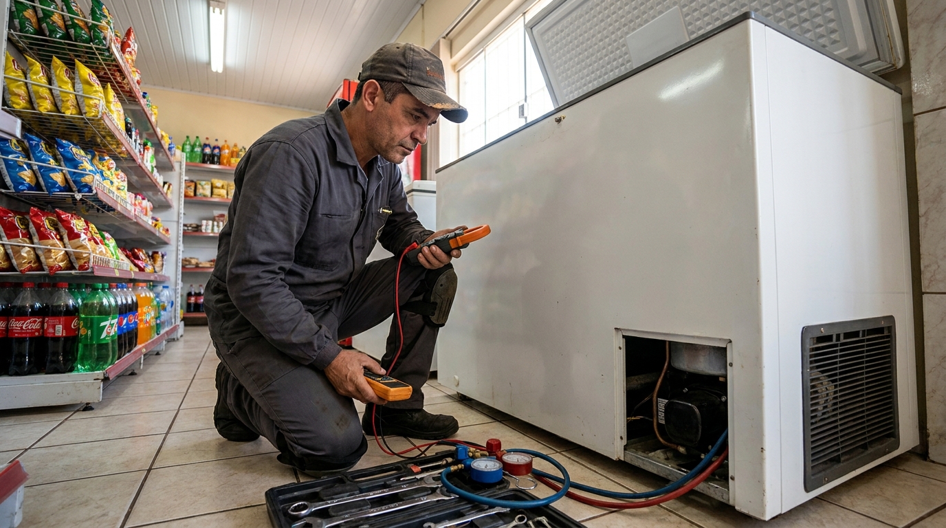 Reparo da placa eletrônica de um freezer em atendimento nos Altos do Taquaral, Campinas‑SP