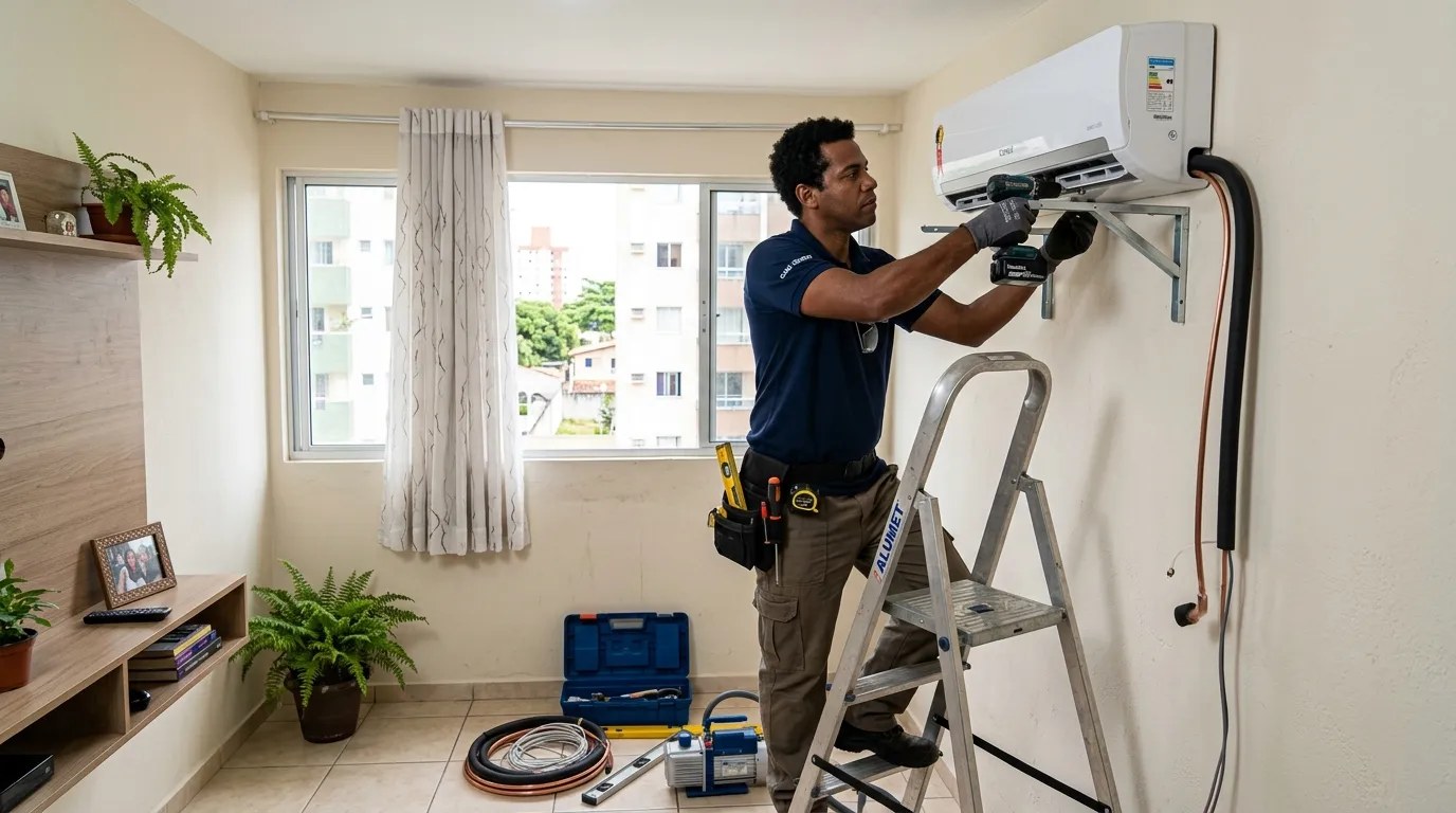 Técnico instalando ar-condicionado split em residência em Campinas‑SP