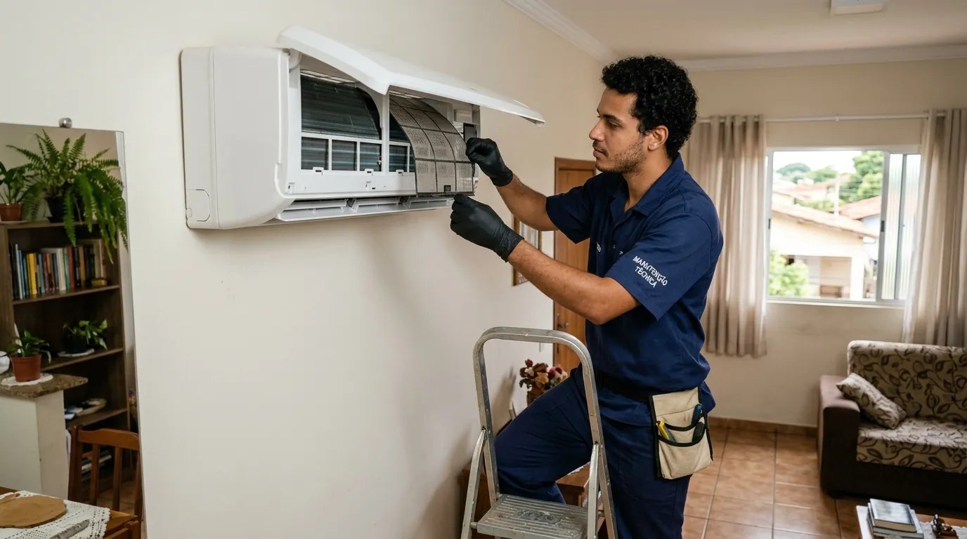 Técnico fazendo limpeza e higienização de ar-condicionado split em Campinas‑SP