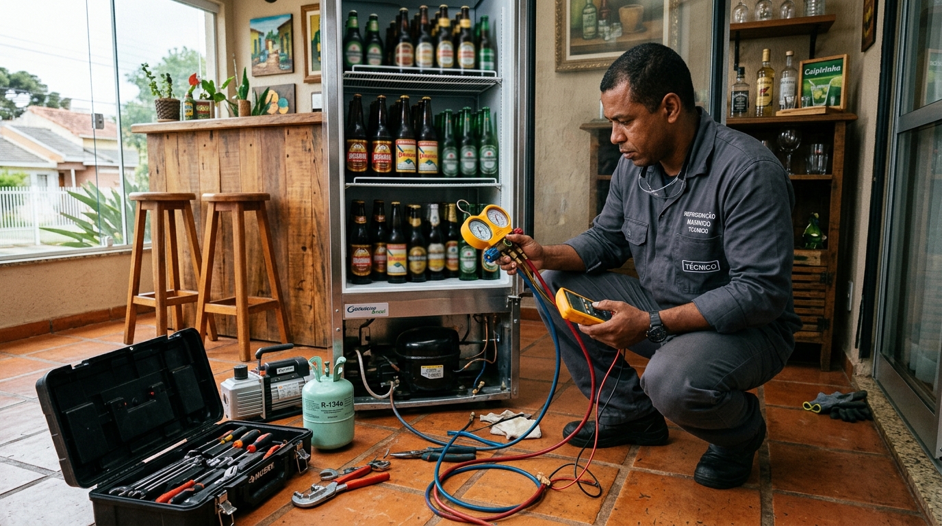 Técnico revisando o motor de uma cervejeira durante chamado no Bosque, Campinas‑SP
