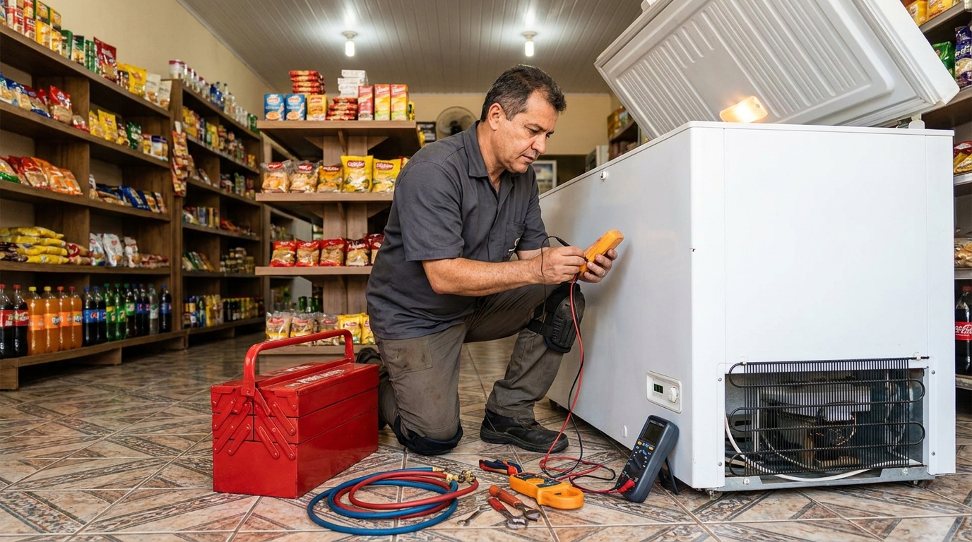 Manômetro conectado ao circuito durante recarga de gás de freezer nos Altos do Taquaral, Campinas‑SP