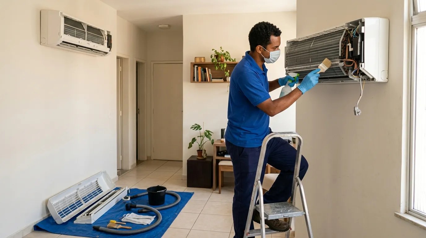 Técnico fazendo manutenção de ar-condicionado split em Campinas‑SP