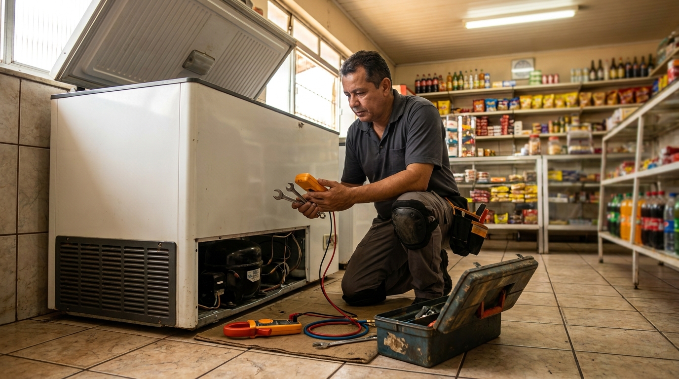 Técnico avaliando um freezer vertical durante atendimento nos Altos do Taquaral, Campinas‑SP