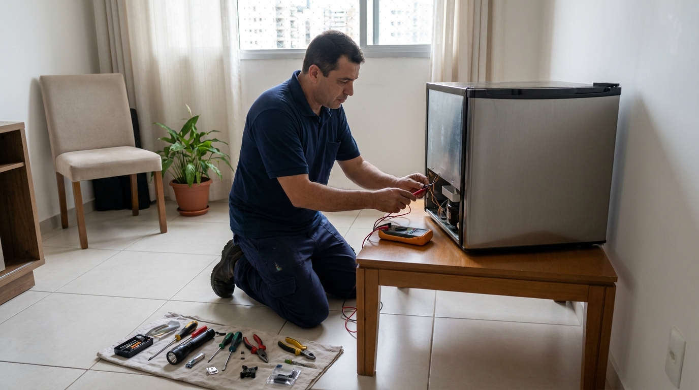 Técnico avaliando um frigobar compacto durante atendimento em Anhumas, Campinas‑SP