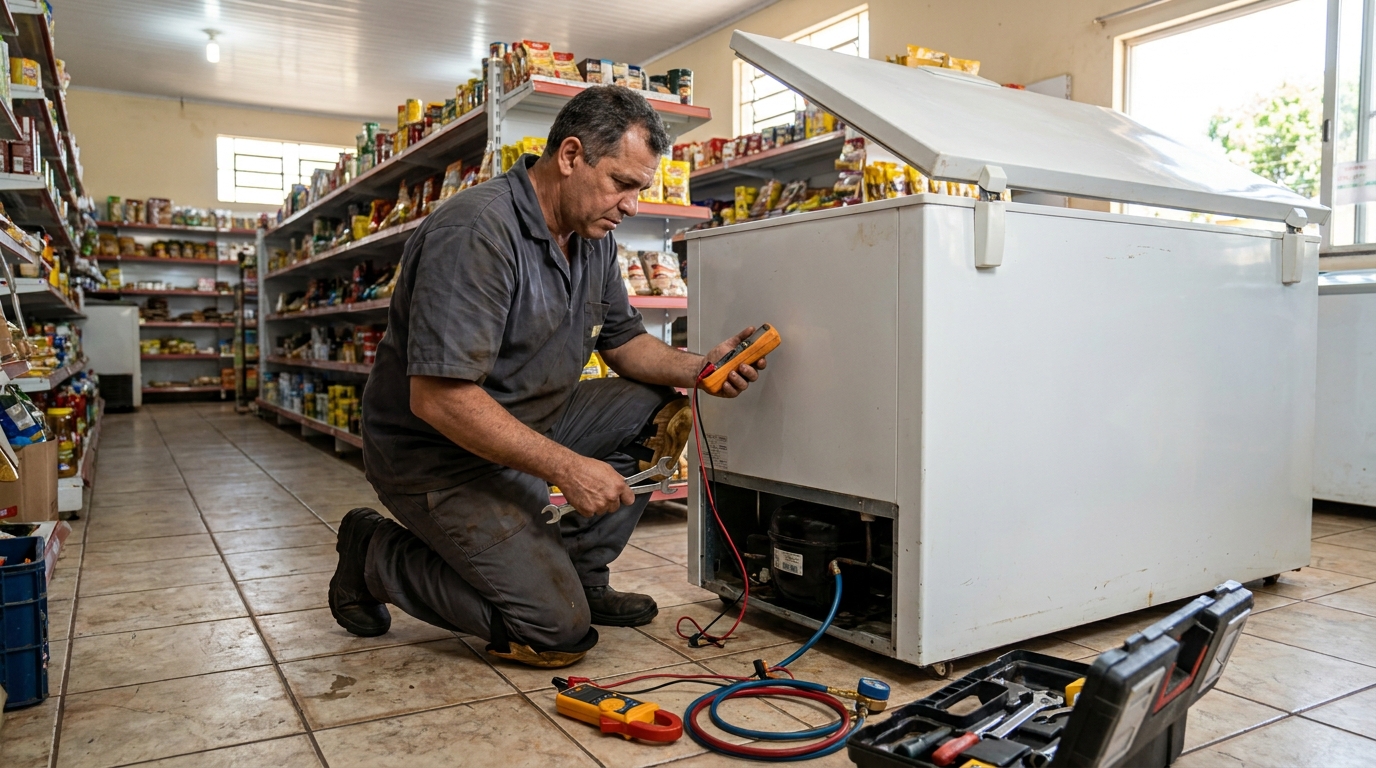 Substituição do termostato de um freezer durante visita técnica nos Altos do Taquaral, Campinas‑SP